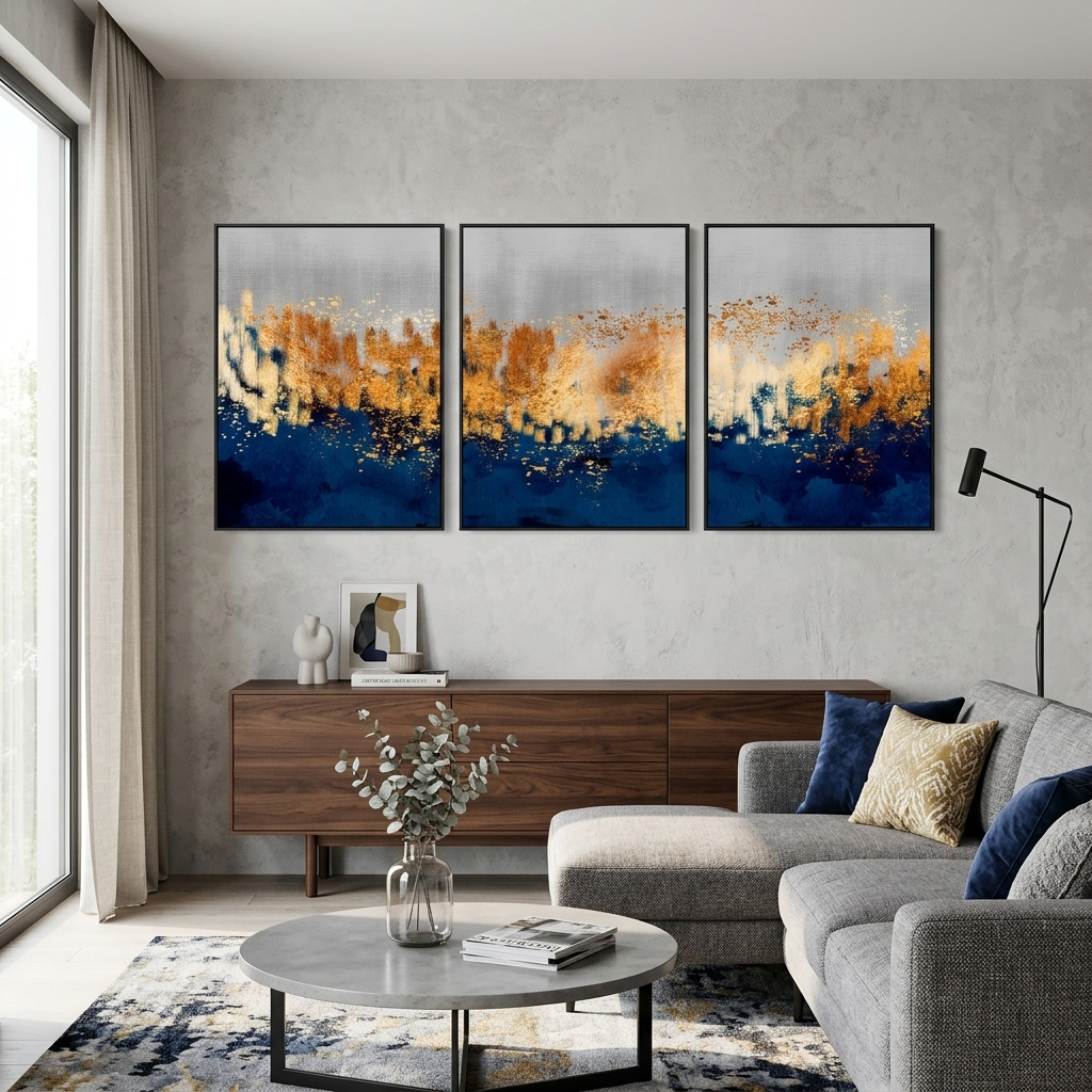 Modularer, grau-goldener abstrakter Kunstdruck mit blauen Elementen, mehrere Teile auf Leinwand