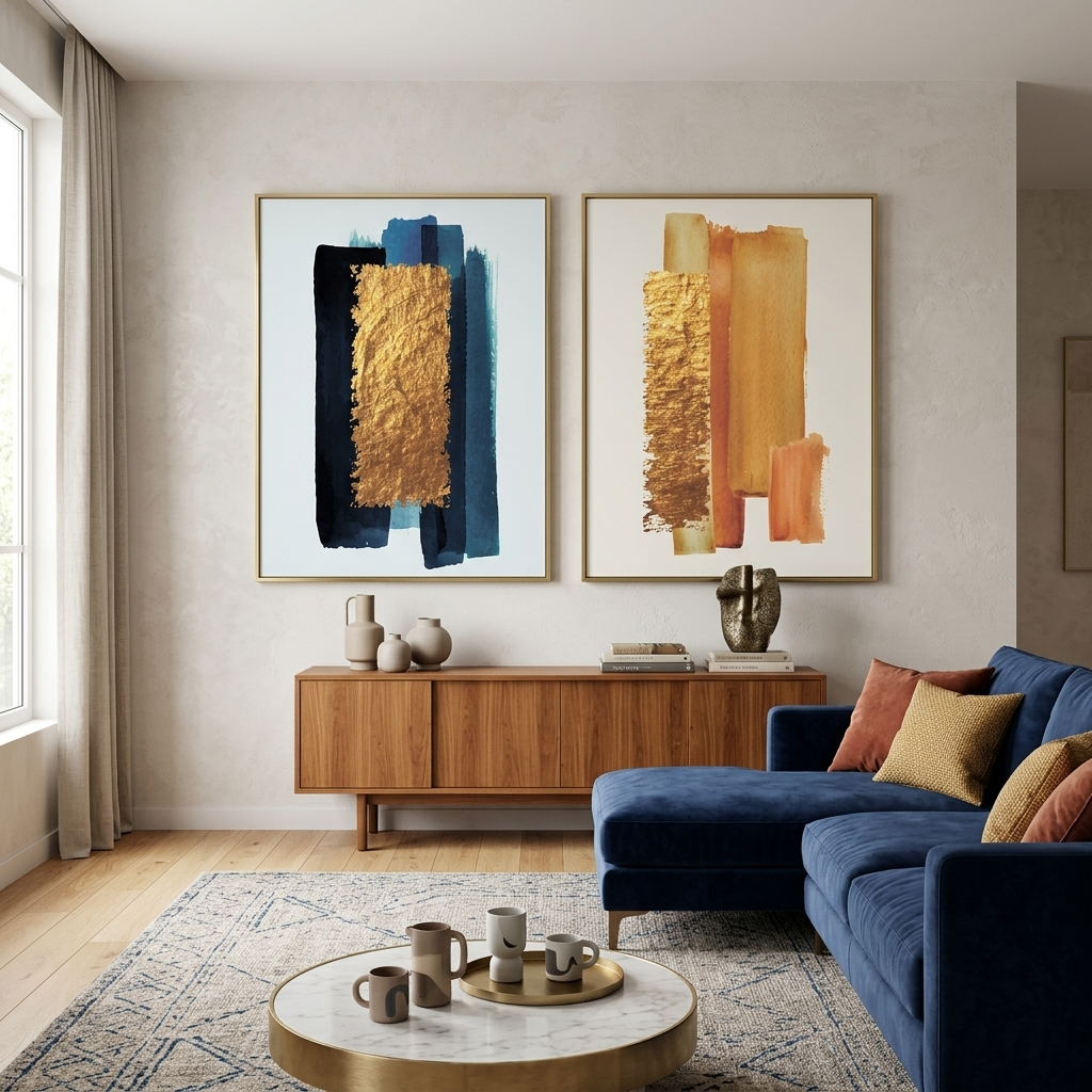 Modularer Kunstdruck auf Leinwand, mehrteilig, goldfarben und blau, auf weißem Hintergrund