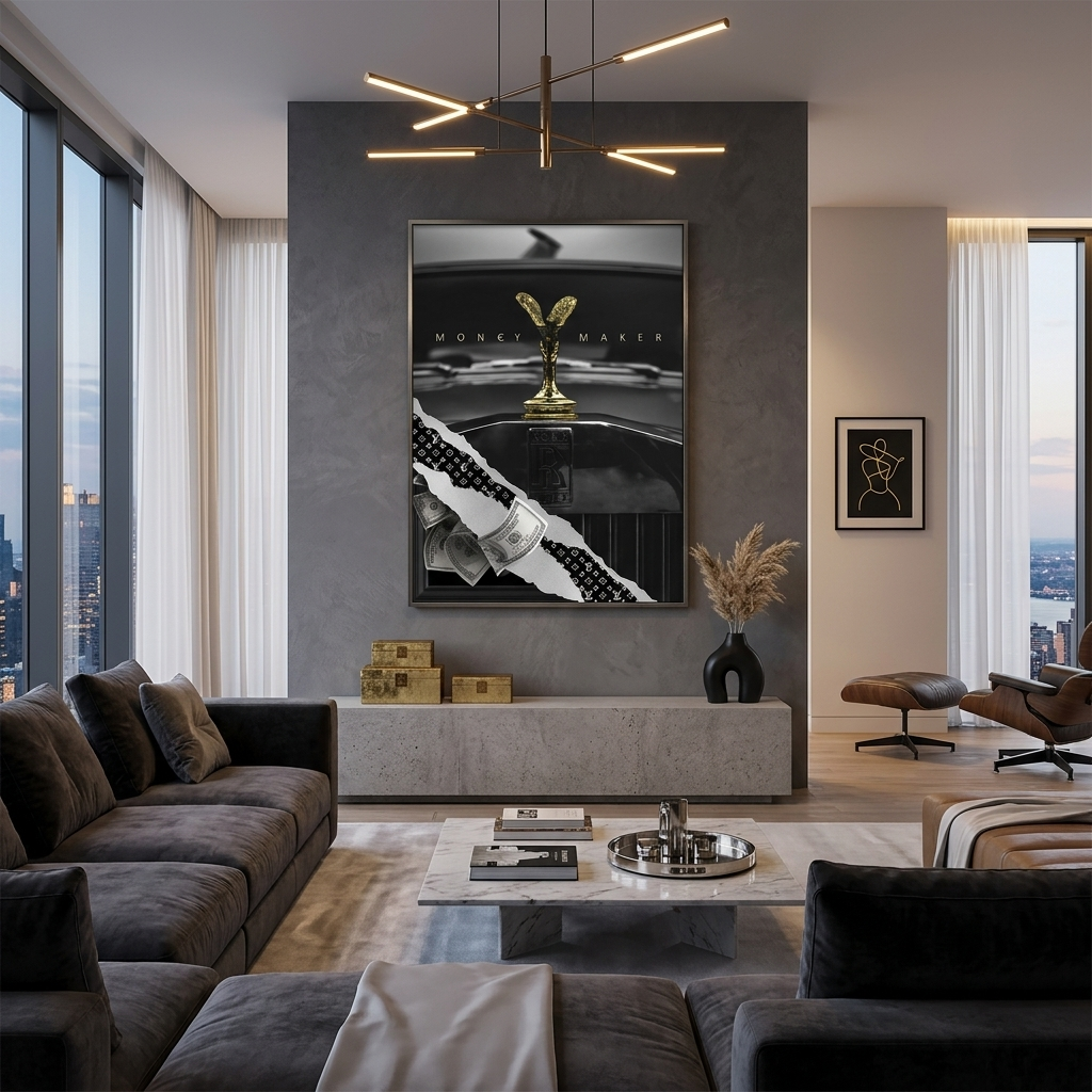 Money Maker mit grauen Dollars Motivierender Leinwand-Kunstdruck