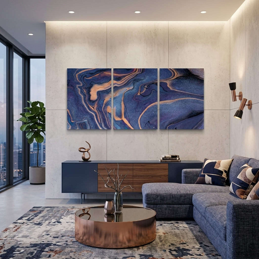 Modularer, abstrakter, puderblauer Kunstdruck auf Leinwand, mehrere Teile