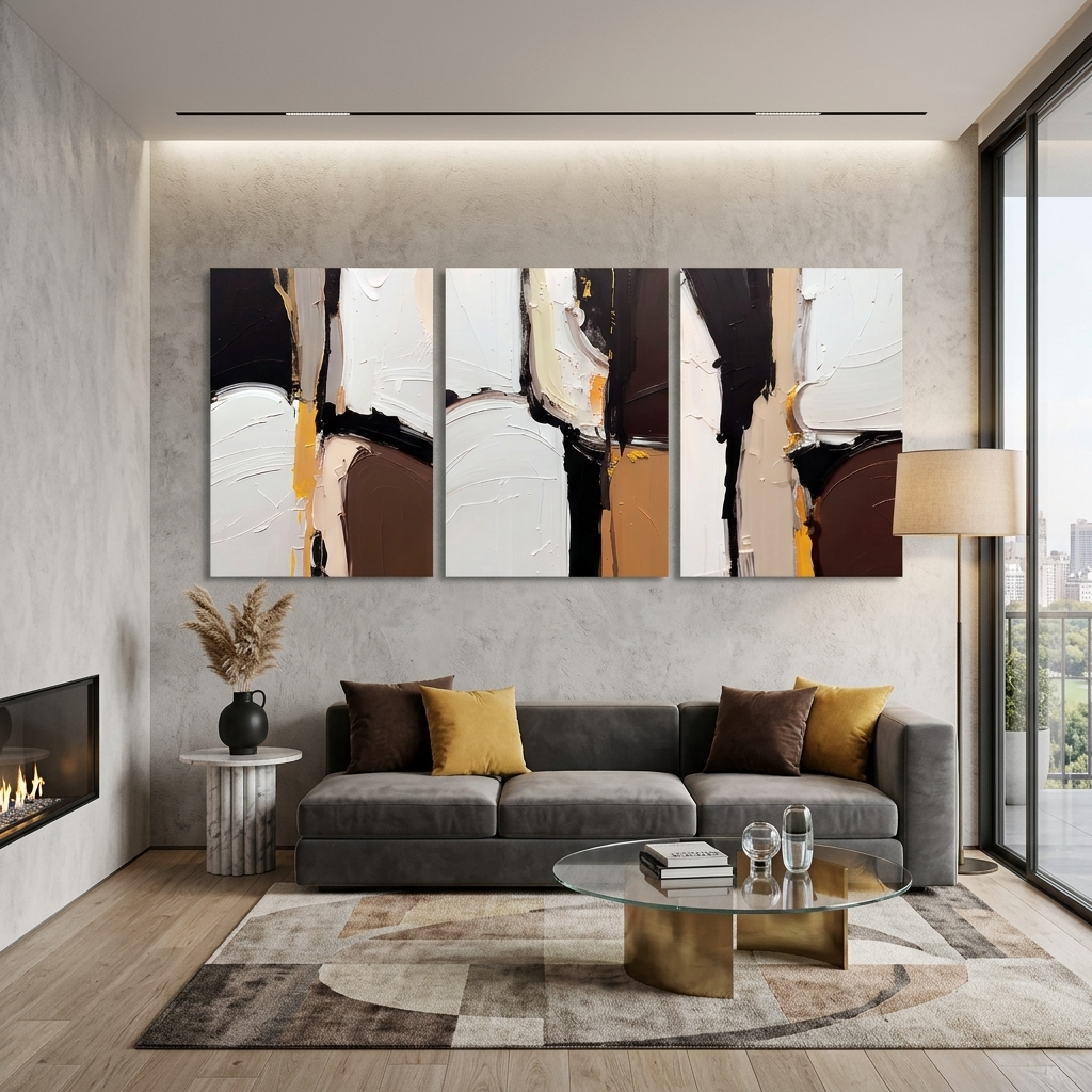 Modulare Abstraktion in Weiß, Schwarz und Braun, mehrteiliger Kunstdruck auf Leinwand
