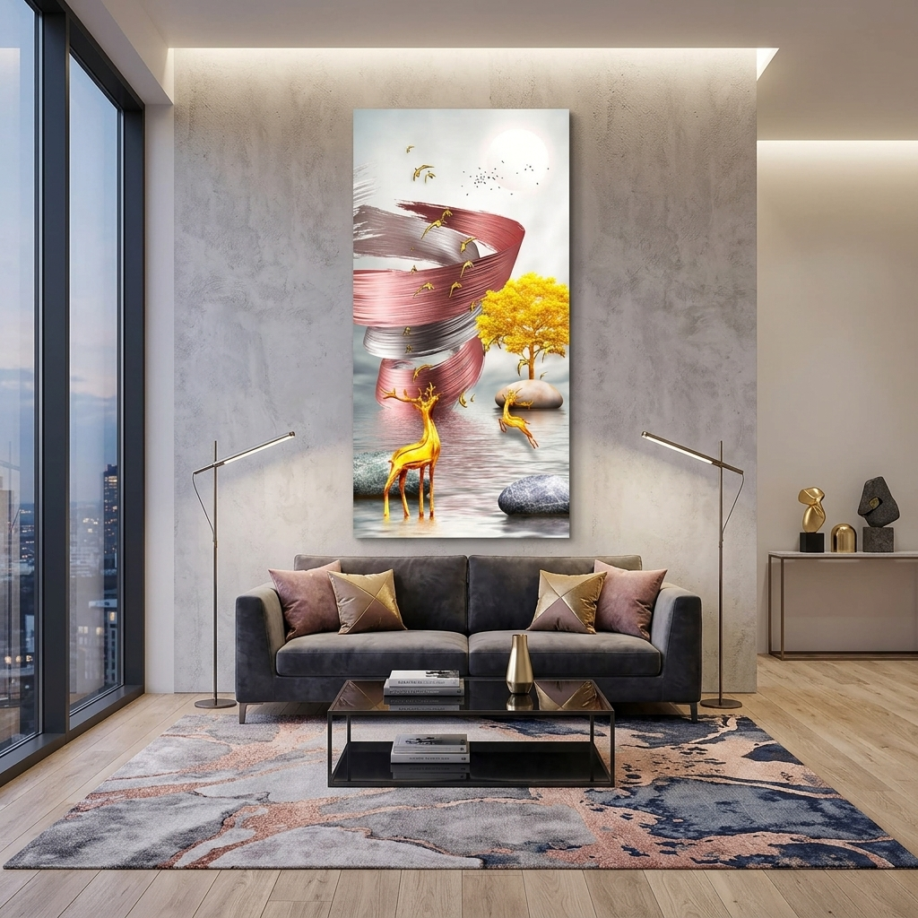 Zwei Hirsche und ein Baum im Hintergrund eines rosa-weißen Tornados Abstrakter Kunstdruck auf Leinwand
