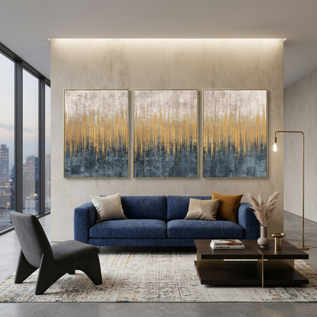 Modularer abstrakter Kunstdruck auf mehrteiliger Leinwand in Beige und Grau mit Gold