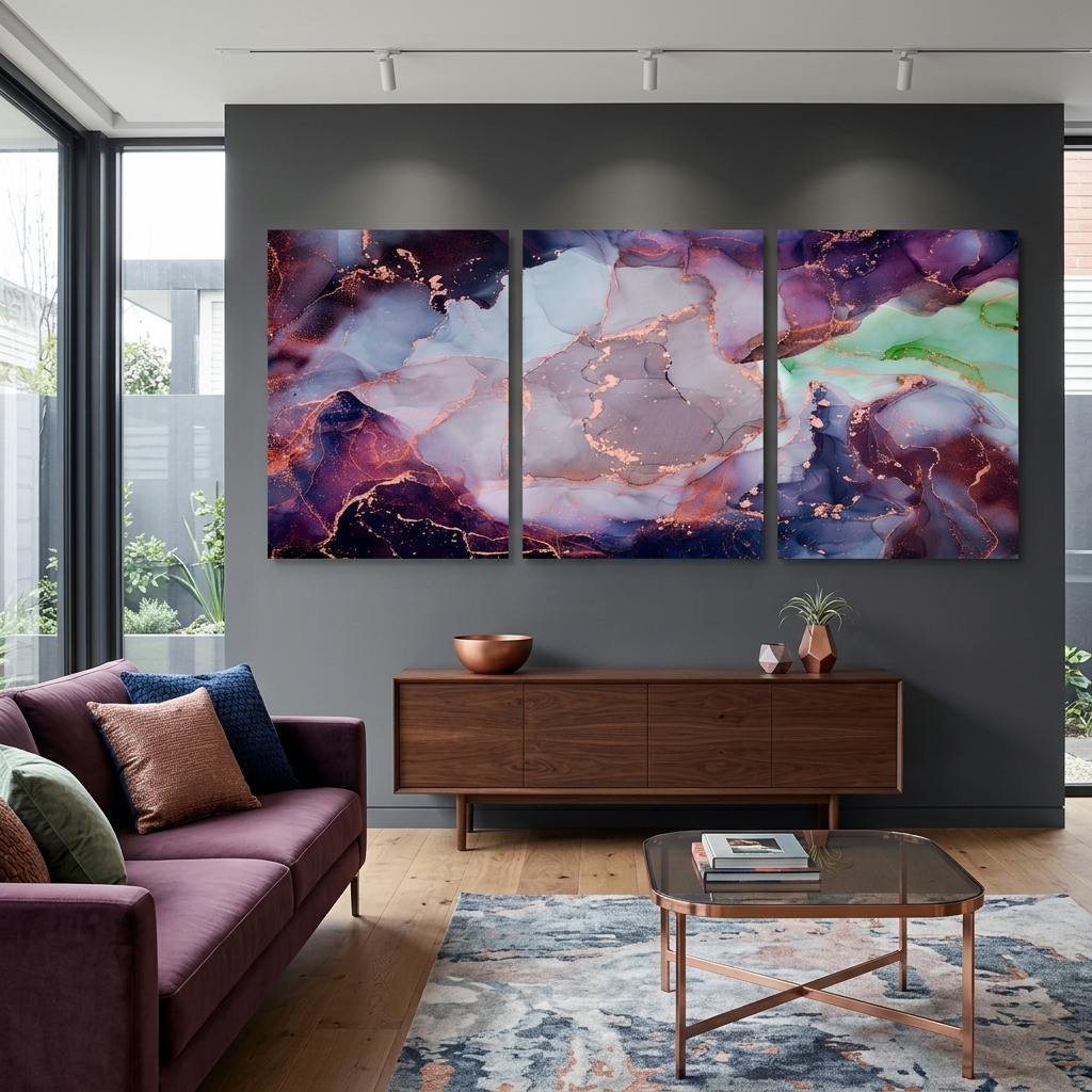Modularer, abstrakter Kunstdruck auf Leinwand, mehrere Teile, Burgundergrau