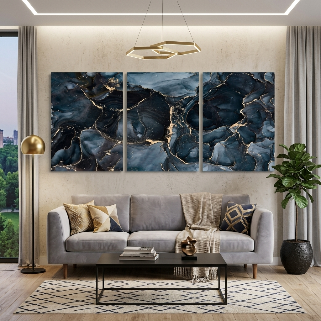Modulare Abstraktion in dunklen Blau- und Goldtönen, mehrteiliger Kunstdruck auf Leinwand