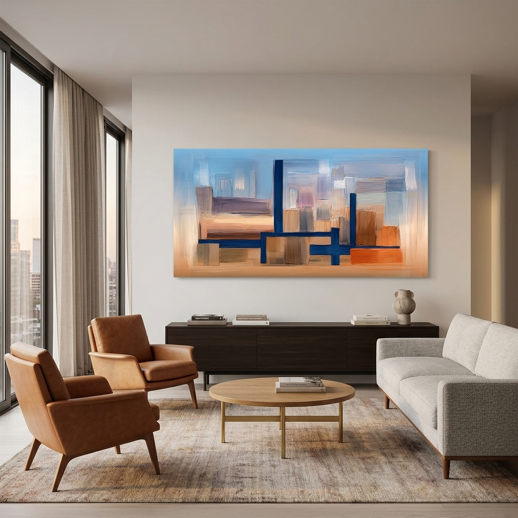 Mit einer ausgeprägten blauen Farbe vor einem Hintergrund aus Blau und Orange Abstraktion Leinwand Wand Kunstdruck