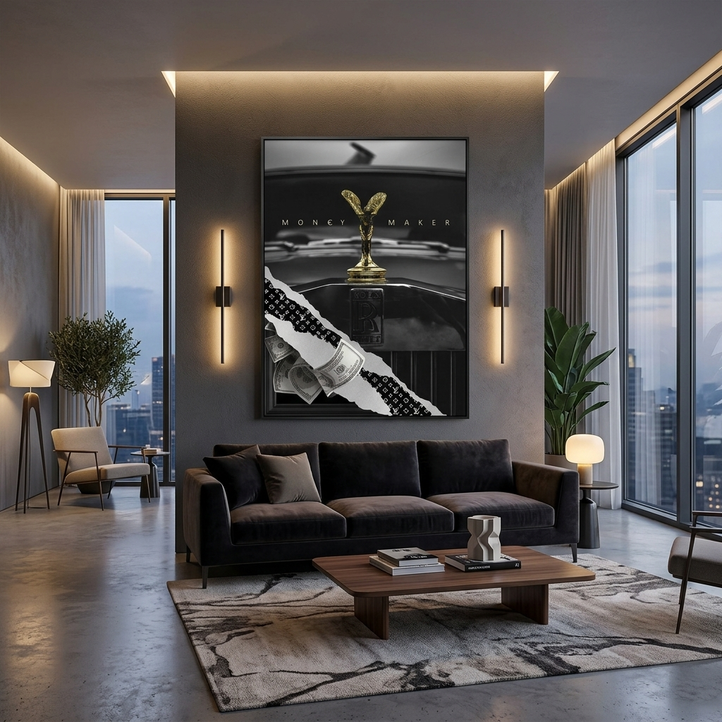Money Maker mit grauen Dollars Motivierender Leinwand-Kunstdruck