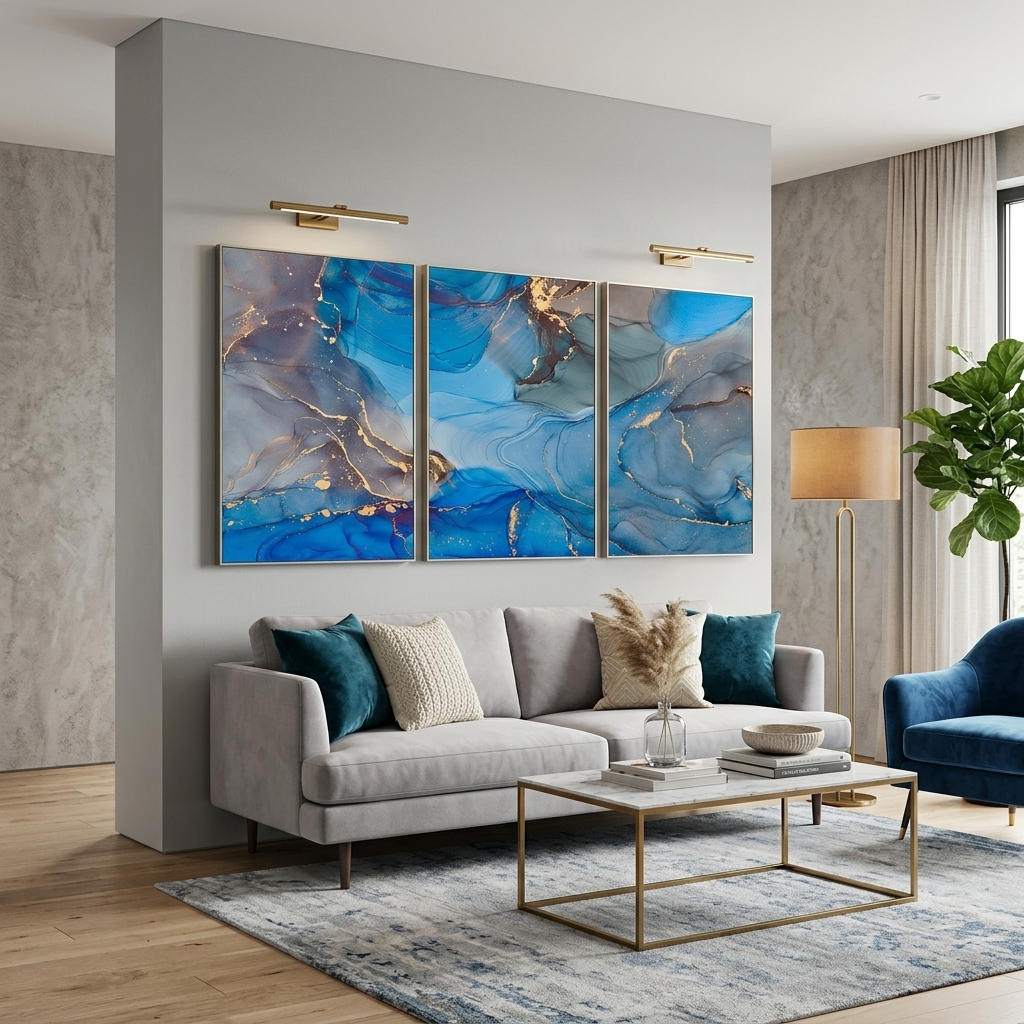Modularer, abstrakter, graublauer Kunstdruck auf Leinwand, mehrere Teile