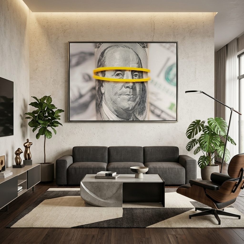 Franklin auf einem verschwommenen Hintergrund aus Dollars. Inspirierender Kunstdruck auf Leinwand.