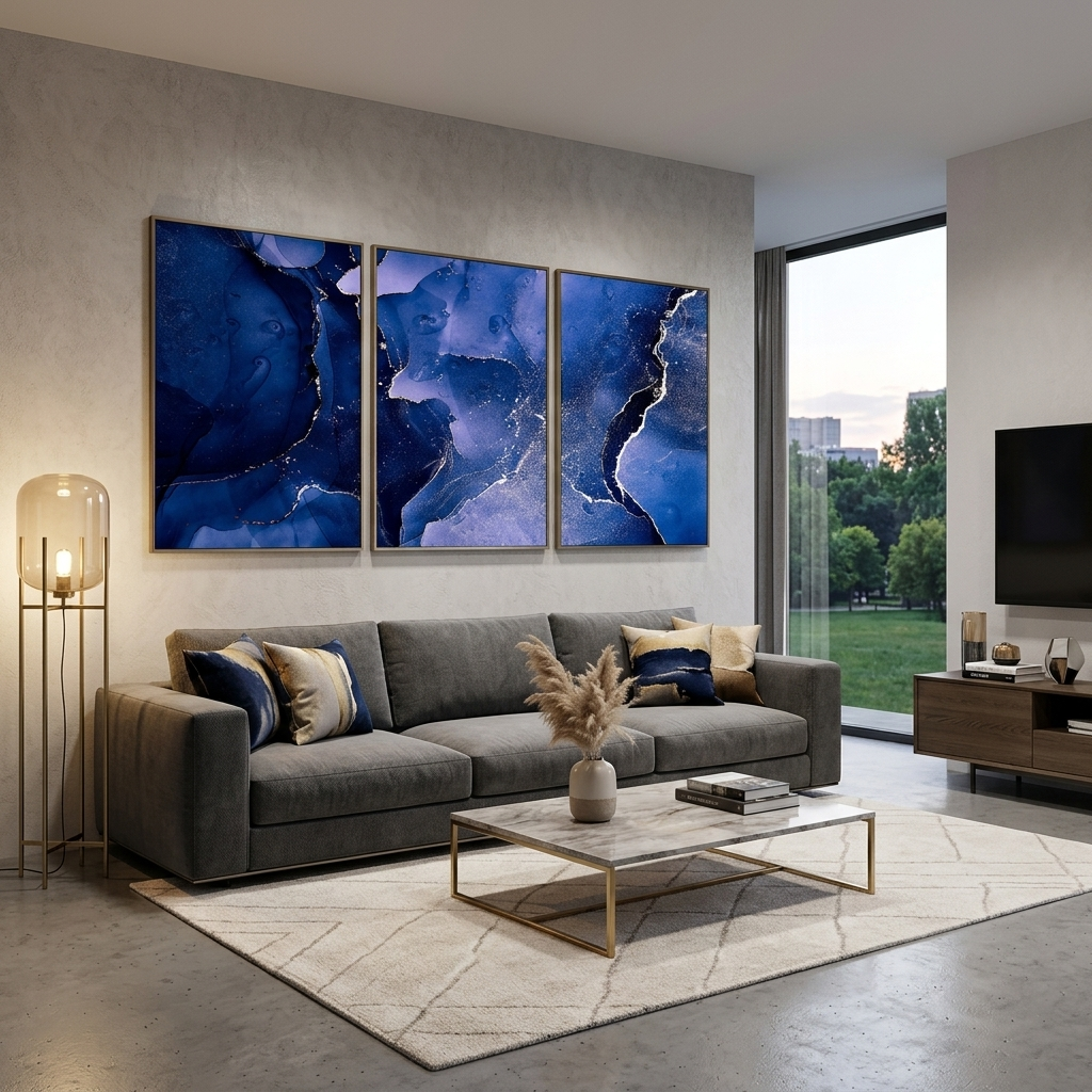 Modularer, abstrakter Kunstdruck auf Leinwand, mehrere Teile, Marineblau