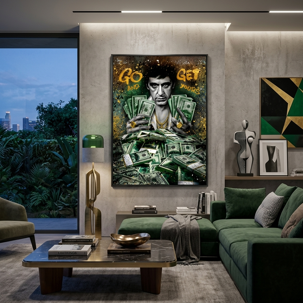 Ein Mann mit Dollars Inspirierender Kunstdruck auf Leinwand