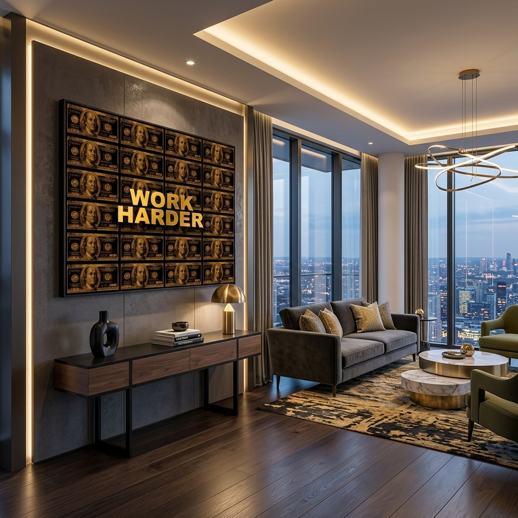 Work harder black and gold dollars Inspirational Canvas Wall Art Print