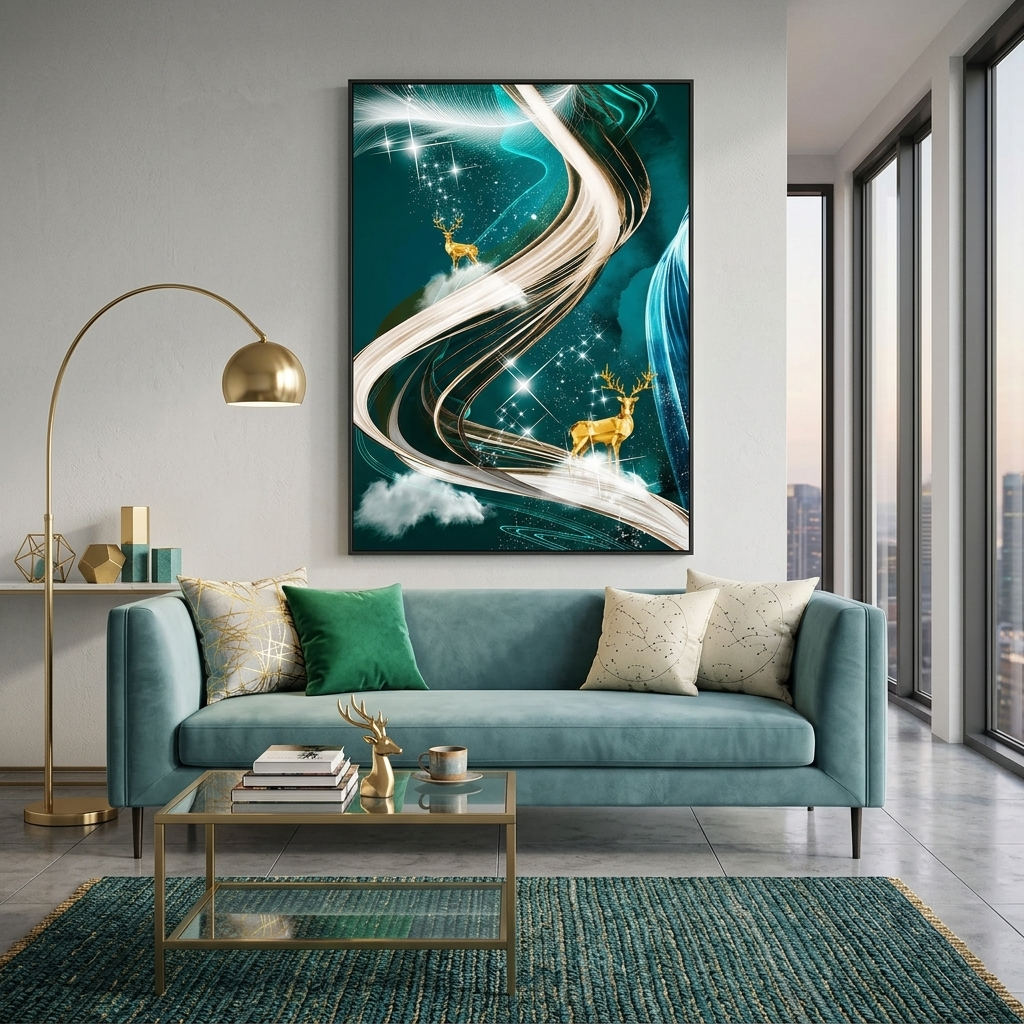 Zwei goldene Hirsche vor einem grünen Hintergrund Abstraktion Leinwand Wand Kunstdruck