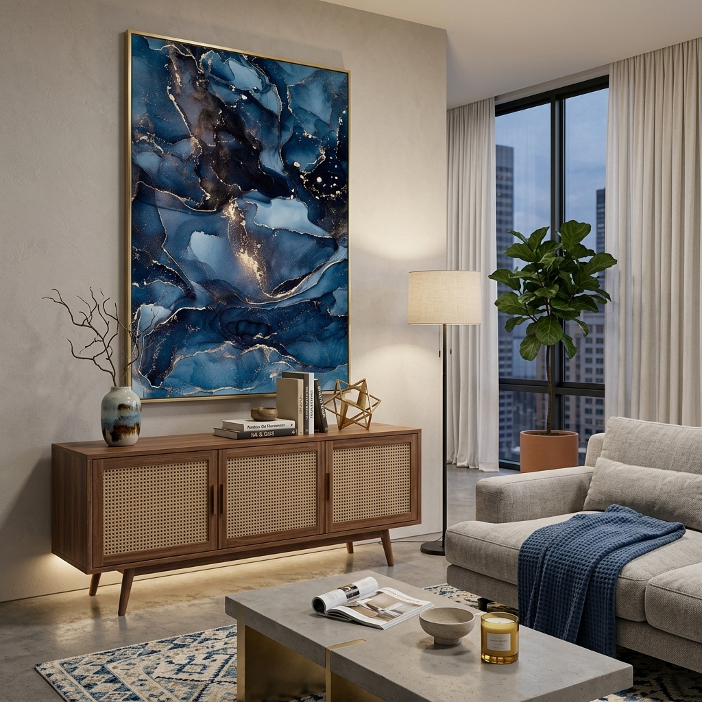 Marineblauer abstrakter Kunstdruck auf Leinwand mit goldener Abstraktion