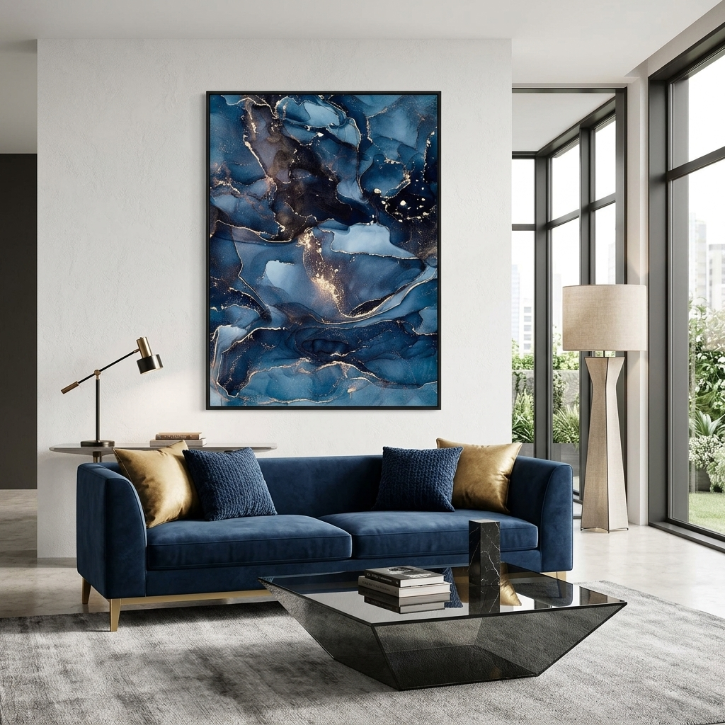 Marineblauer abstrakter Kunstdruck auf Leinwand mit goldener Abstraktion