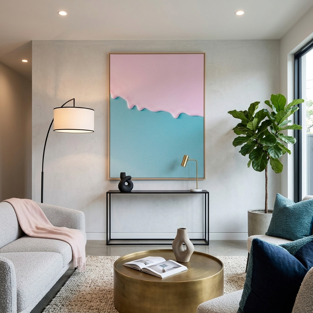 Leinwandbild, Motiv: Spritzer rosa Farbe auf blauem Hintergrund