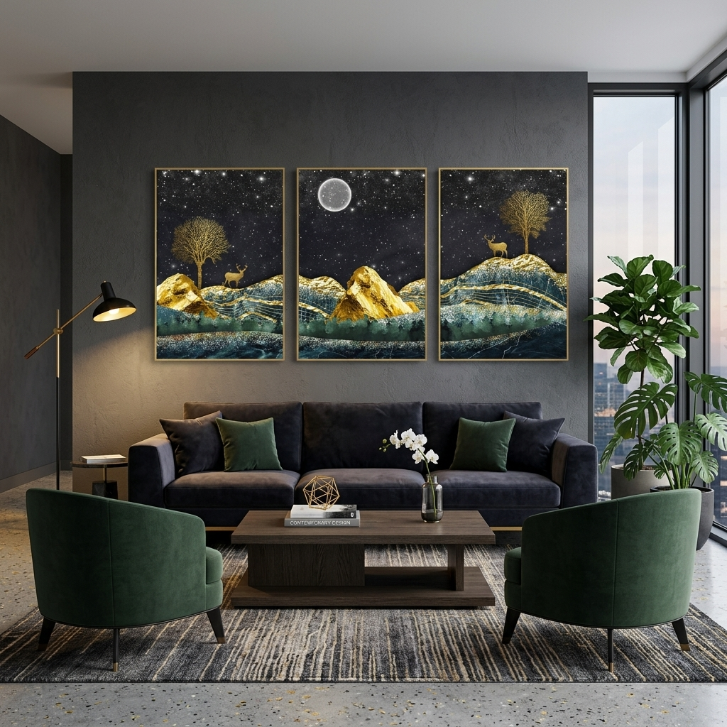 Mehrteiliger Kunstdruck auf Leinwand, Goldener Hirsch auf dem Hintergrund des Sternenhimmels