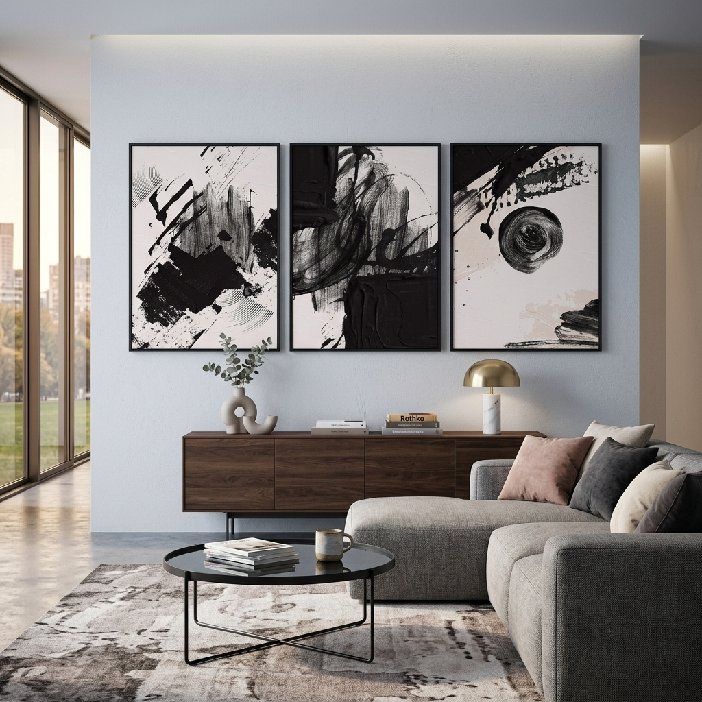 Modularer schwarz-weißer abstrakter mehrteiliger Kunstdruck auf Leinwand
