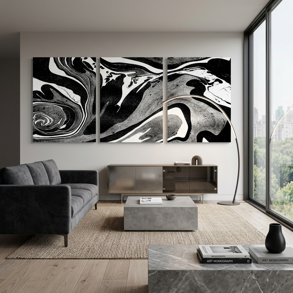 Modularer schwarz-grau-weißer abstrakter mehrteiliger Kunstdruck auf Leinwand
