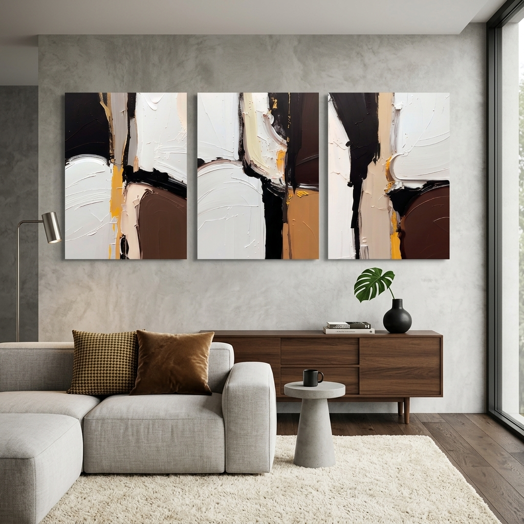 Modulare Abstraktion in Weiß, Schwarz und Braun, mehrteiliger Kunstdruck auf Leinwand