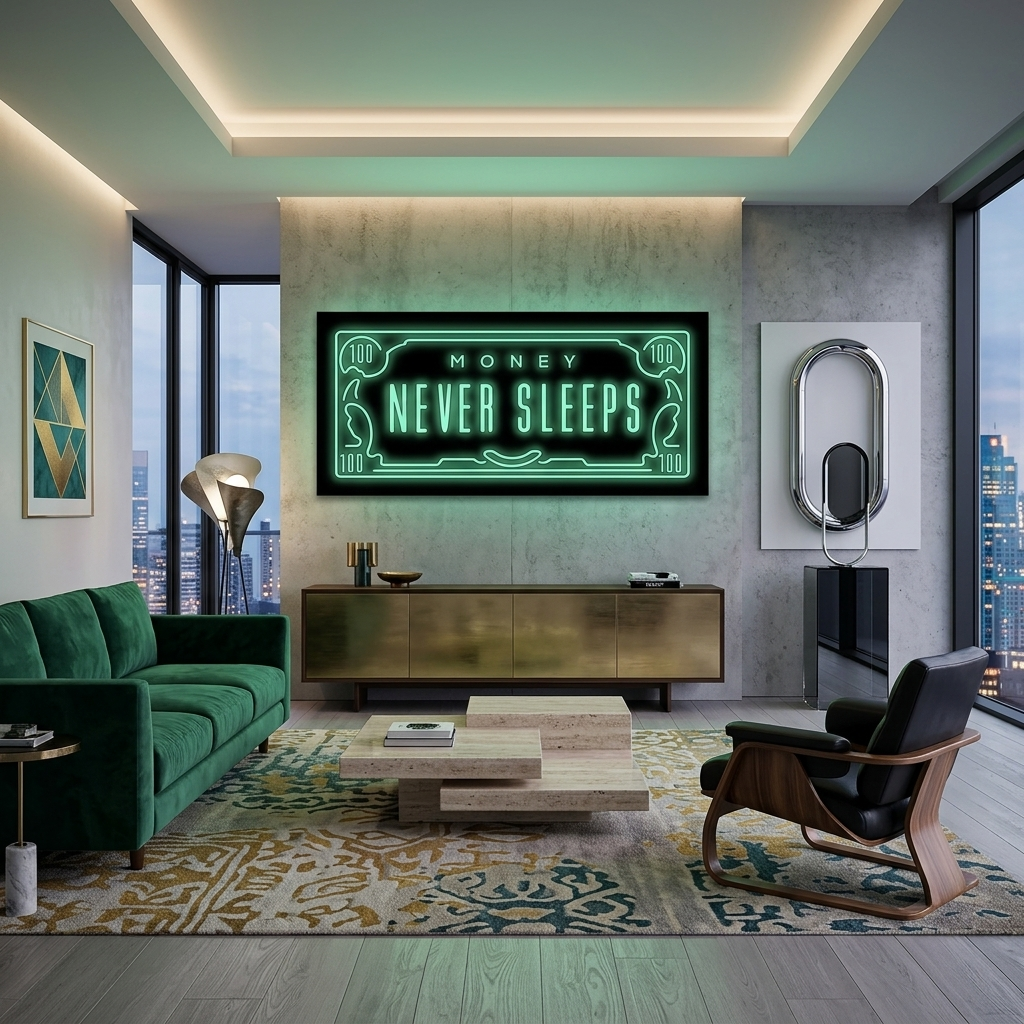 Dollar Money never sleeps Inspirational Canvas Wall Art Print