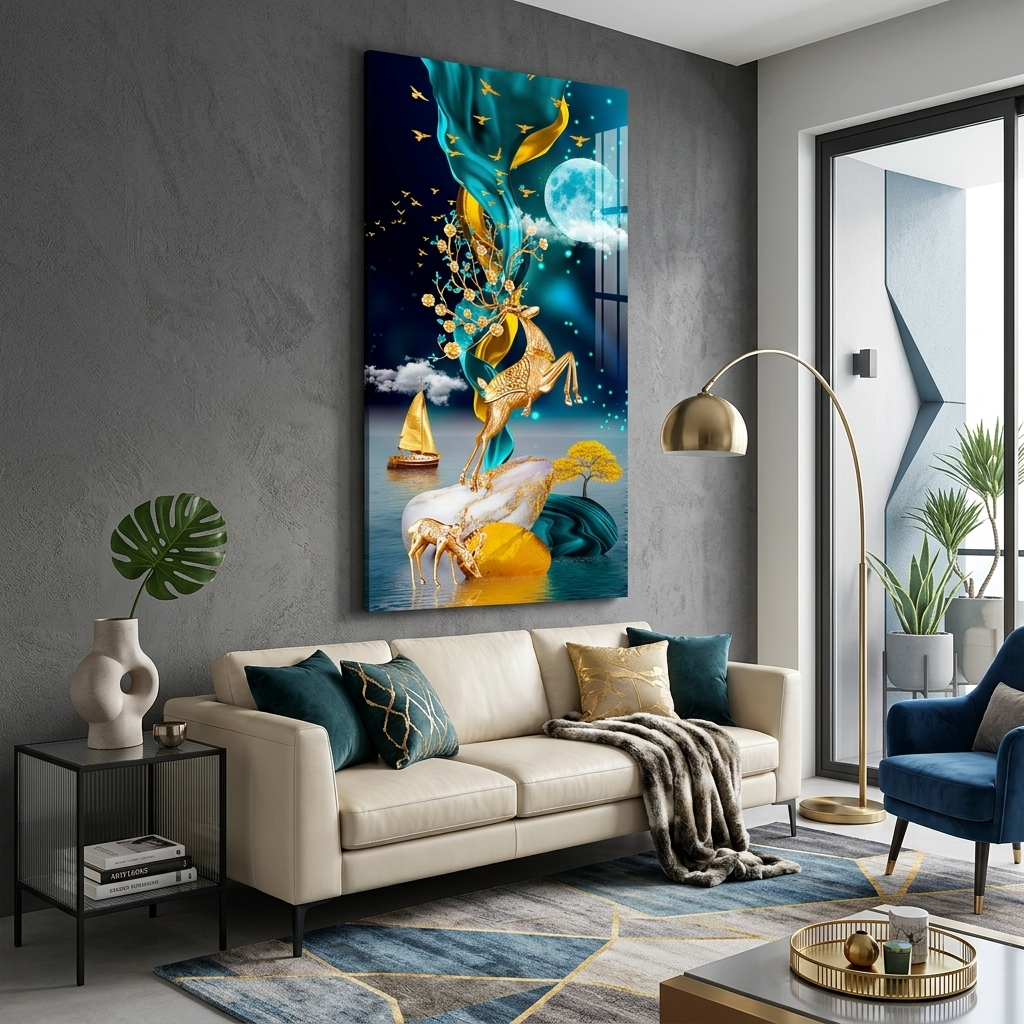 Zwei Hirsche, ein goldenes Boot auf dem Meer und ein blauer Mond, abstrakter Kunstdruck auf Leinwand