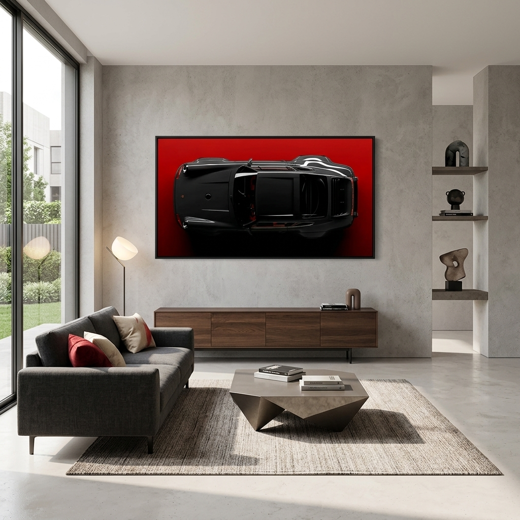 Сar dark gray Porsche 911 on red background Canvas  Wall Art Print