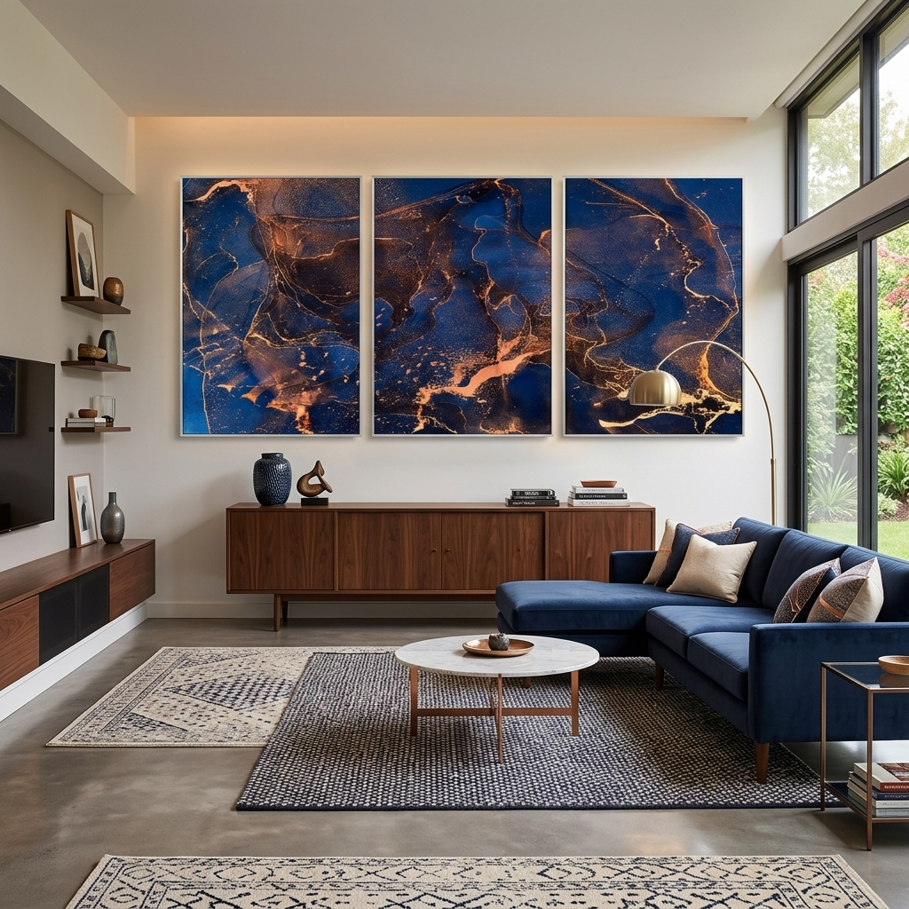 Modularer abstrakter Kunstdruck auf mehrteiliger Leinwand in Marineblau und Gold