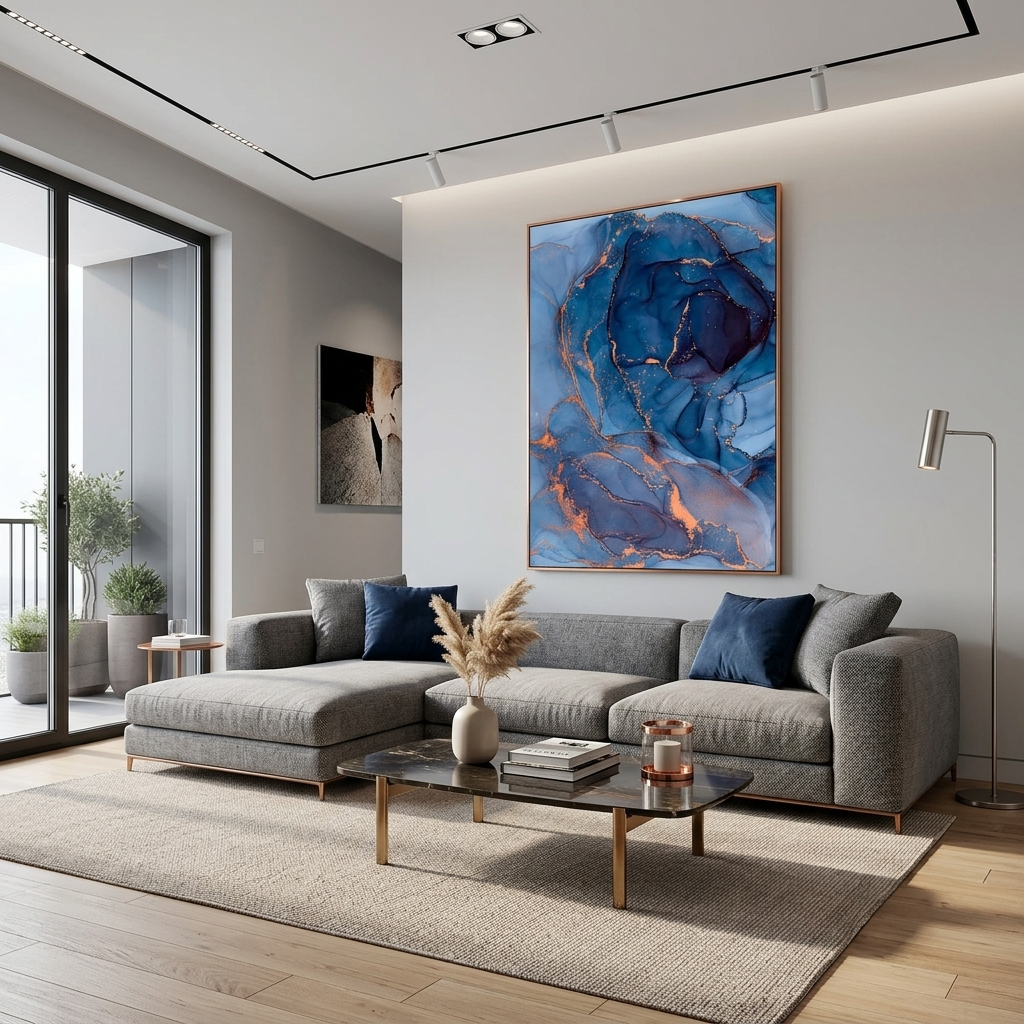 Marineblauer Kunstdruck auf Leinwand mit abstraktem Motiv