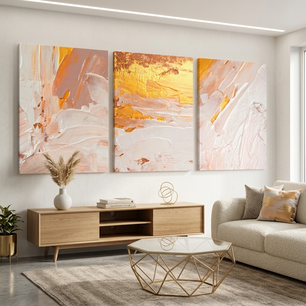 Modularer Kunstdruck auf Leinwand, mehrteilig, Puderfarben mit goldenen Elementen