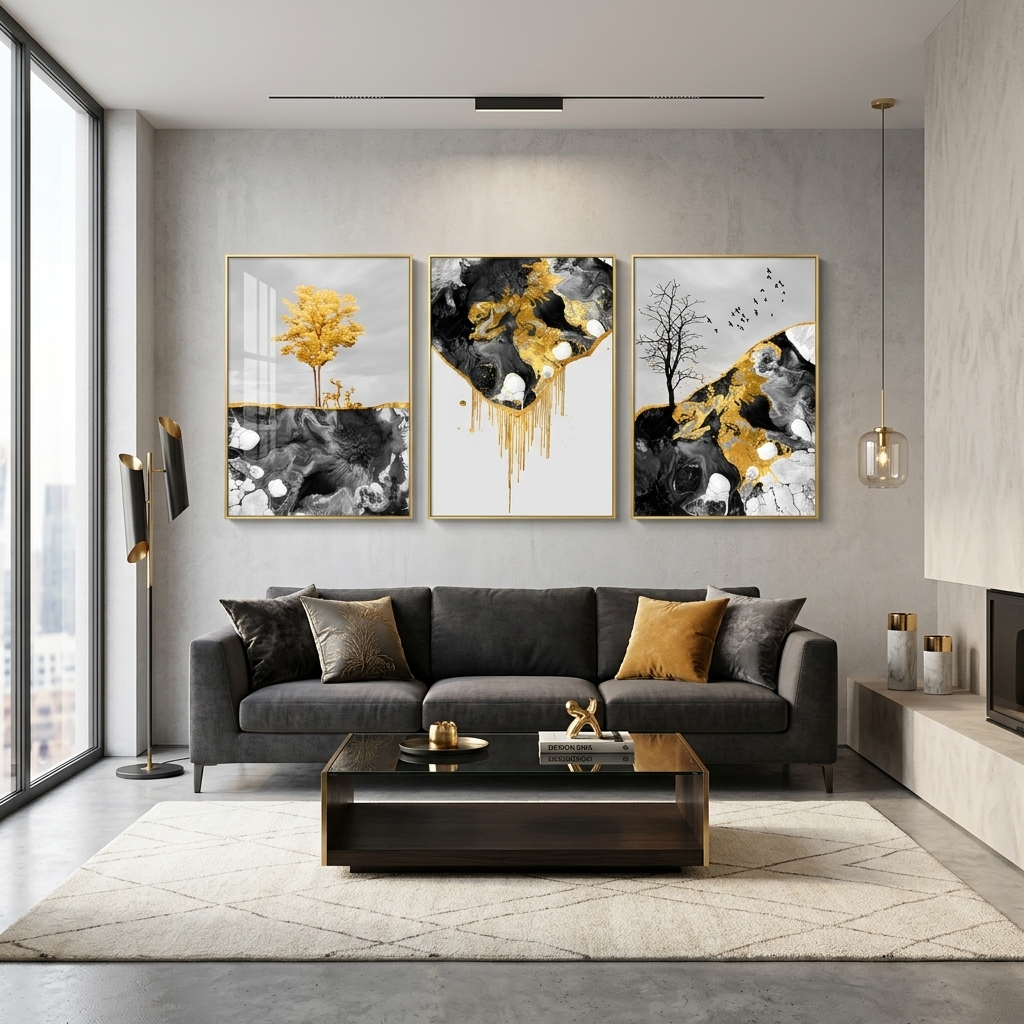 Modulares abstraktes Bild in dunklen Farbtönen mit goldener Farbe, mehrteiliger Kunstdruck auf Leinwand