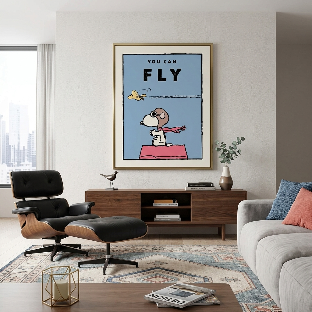 Ein Hündchen und ein Vogel mit den Worten „You Can Fly“ – motivierender Kunstdruck auf Leinwand