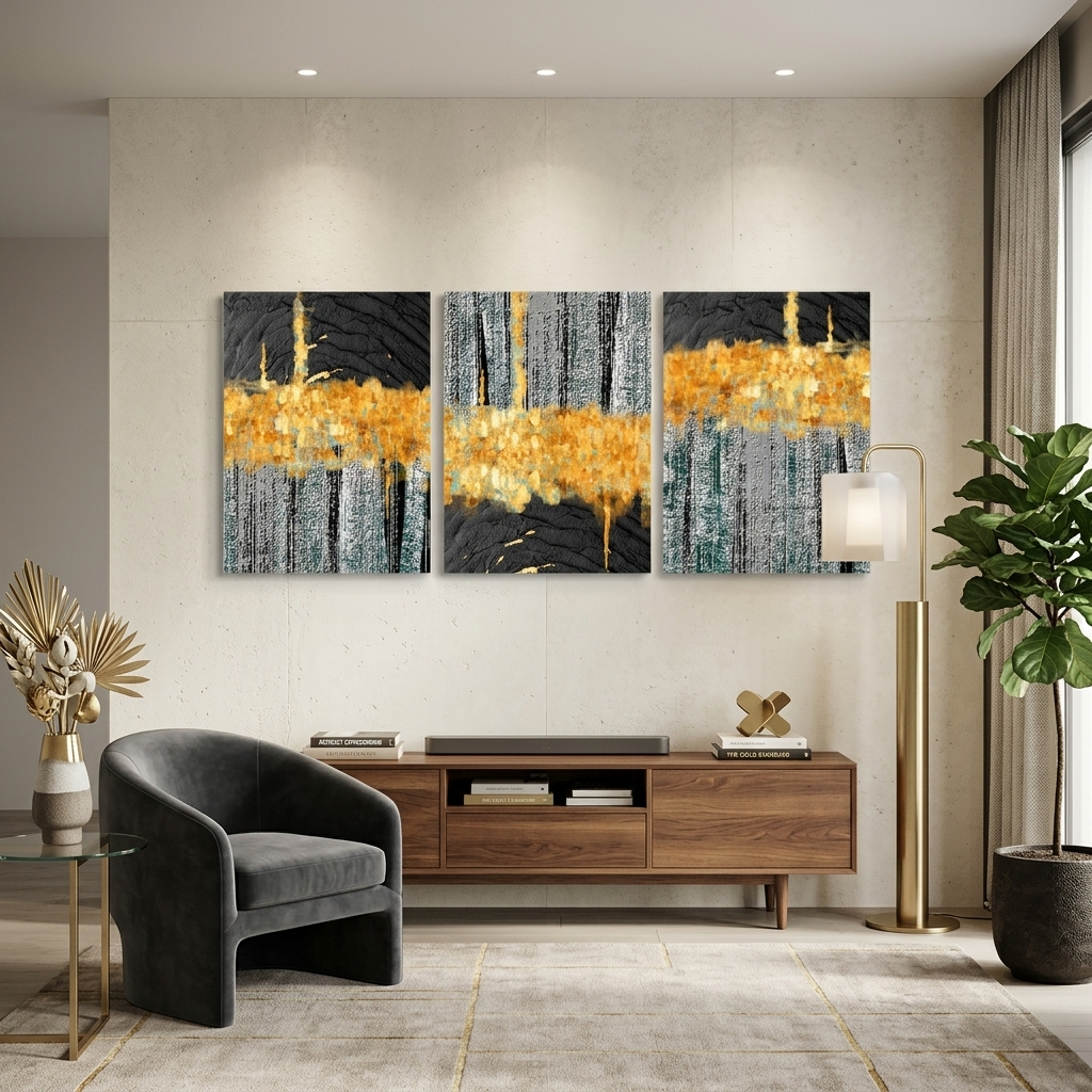 Modularer, grau-goldener abstrakter Kunstdruck mit schwarzen Elementen, mehrere Teile auf Leinwand