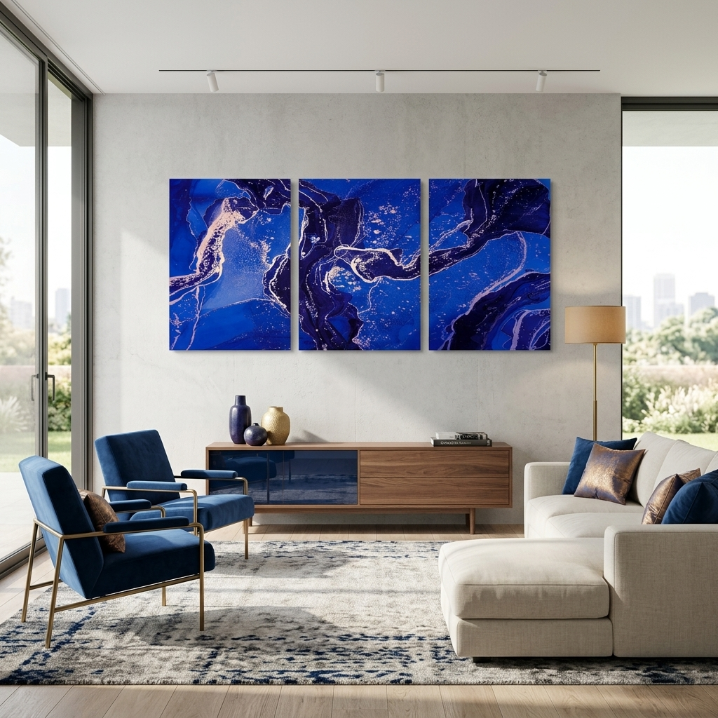 Modularer, abstrakter Kunstdruck auf Leinwand, mehrere Teile, Marineblau