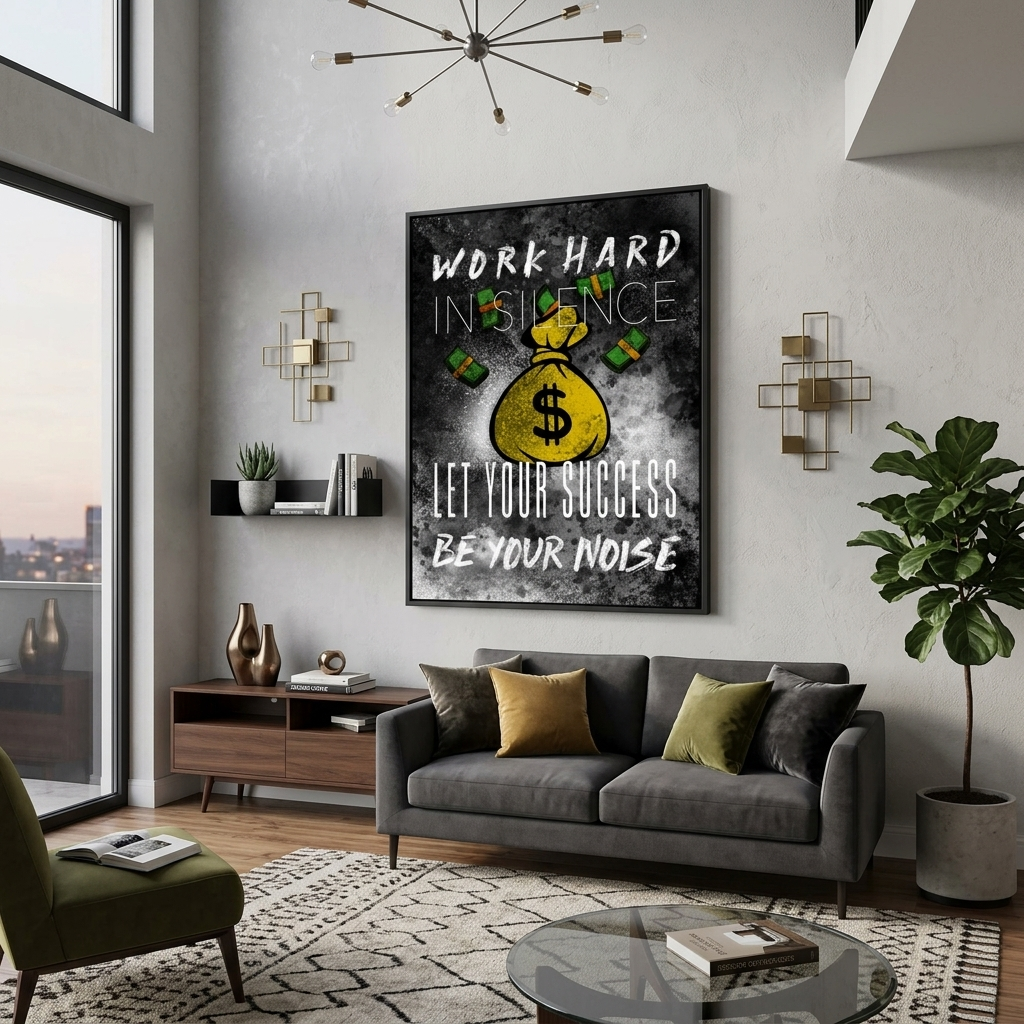 Zur Motivation Tasche mit Geld Arbeite hart in der Stille Motivierender Leinwand-Kunstdruck