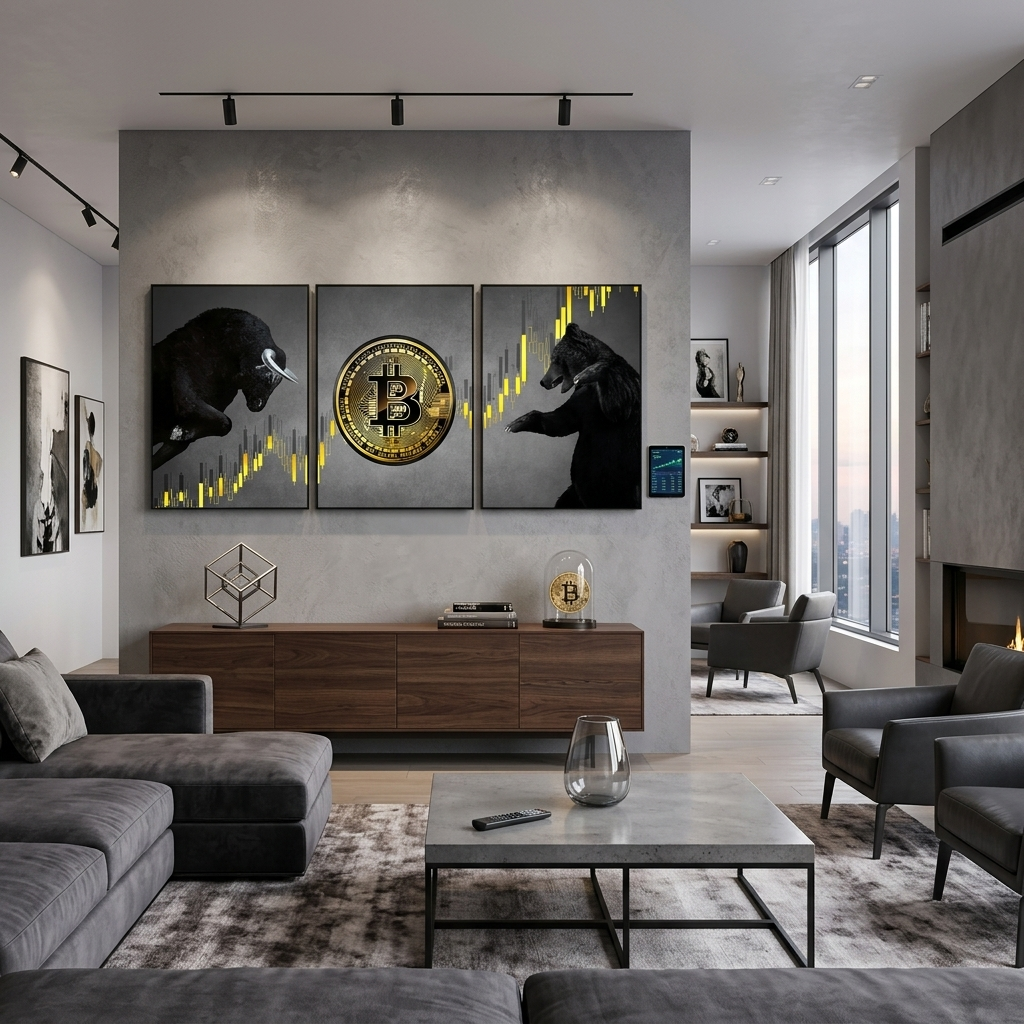 Motivations modular 3-piece Bitcoin bull and bear on gray background Multi Panel Canvas Wall Art Print