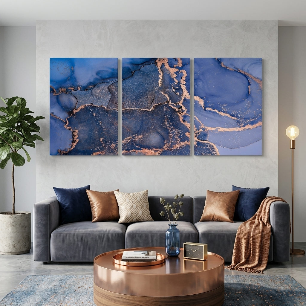 Modularer abstrakter mehrteiliger Kunstdruck auf Leinwand in Blau und Gold