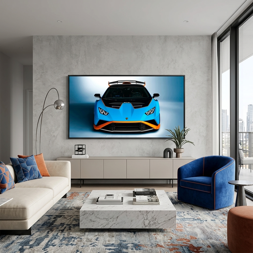 Auto Lamborghini Huracan STO blau mit orangefarbenem Leinwand-Kunstdruck
