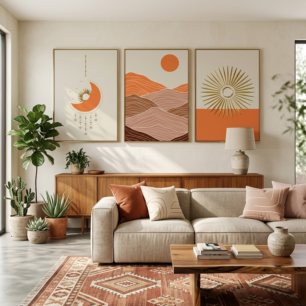 Modulare geometrische Abstraktion mit leuchtend orangefarbenem, mehrteiligem Leinwandbild.