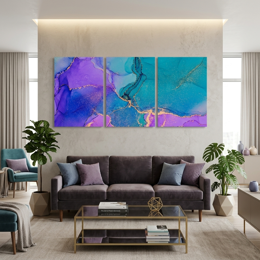 Modularer abstrakter Kunstdruck auf Leinwand, mehrteilig, Türkis und Lavendel