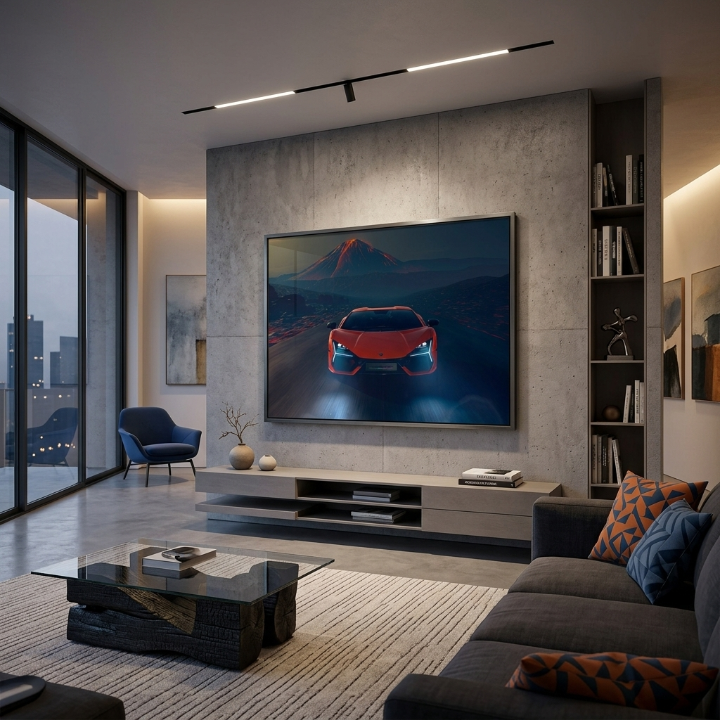 Leinwandbild, orangefarbener Lamborghini mit Vulkan im Hintergrund