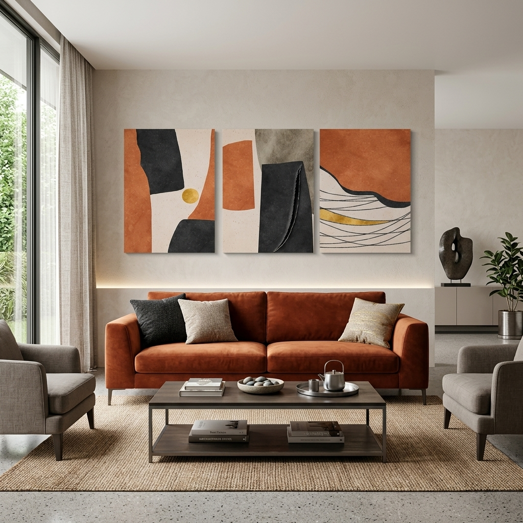Modularer abstrakter Kunstdruck auf mehrteiliger Leinwand mit ausgeprägtem Orangeton