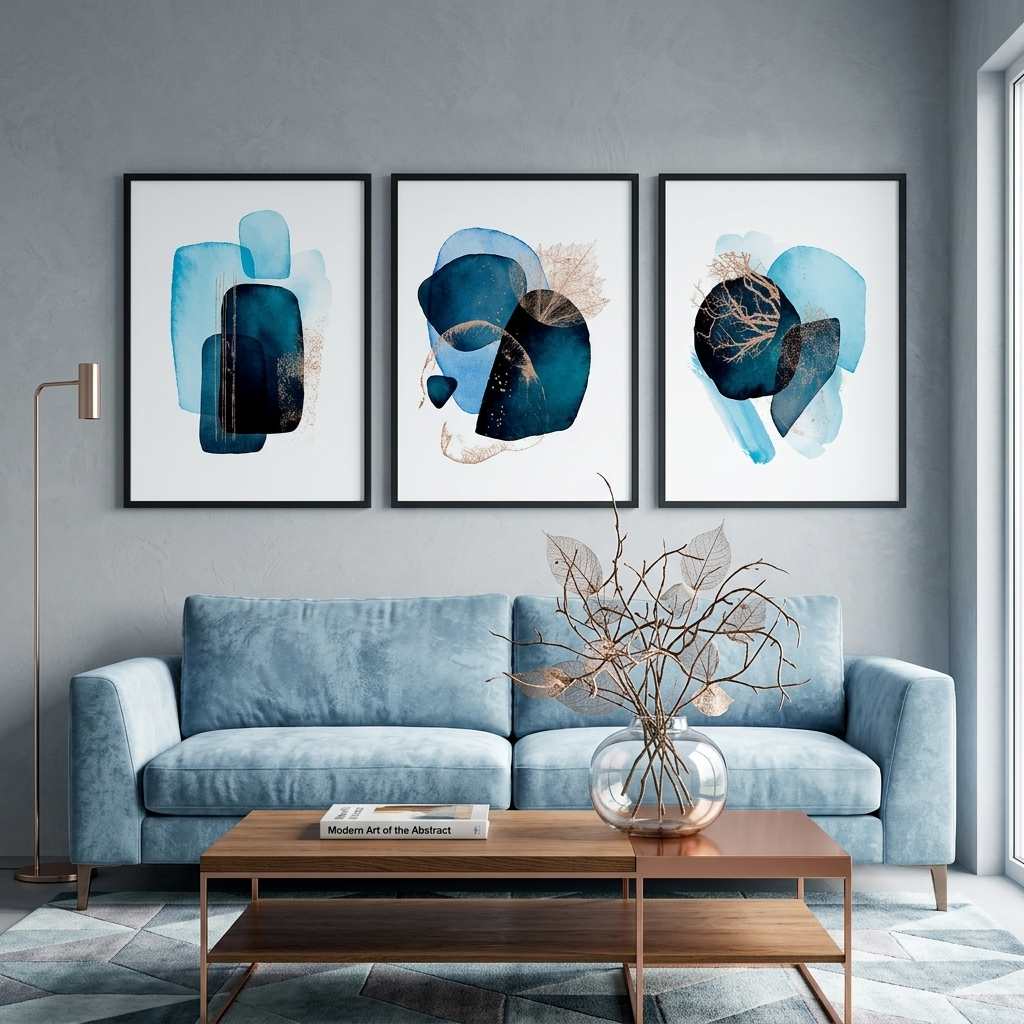 Modularer, tiefblauer, abstrakter, mehrteiliger Kunstdruck auf Leinwand