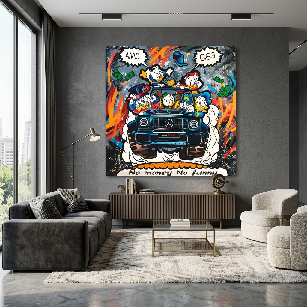 Inspirierender Kunstdruck auf Leinwand, Motiv „Scrooge on Mercedes“