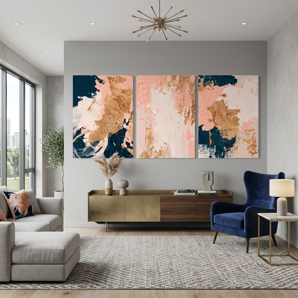 Modularer abstrakter Kunstdruck auf Leinwand, mehrteilig, Blau-Pulver mit Goldtönen