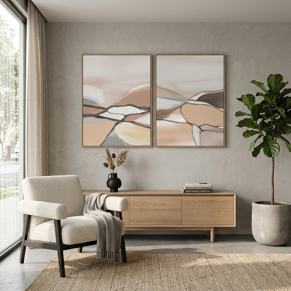 Modularer blasser abstrakter Kunstdruck mit Linien, mehrere Teile auf Leinwand