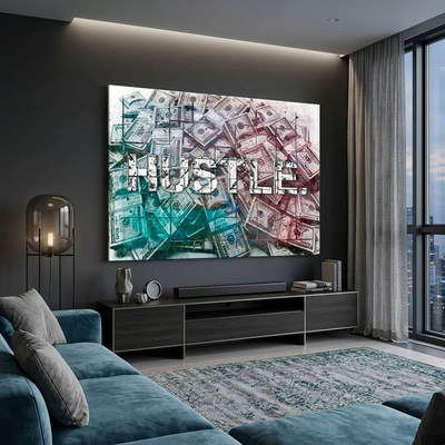 """HASTLE."" against the backdrop of dollars. Inspirational Canvas Wall Art Print"
