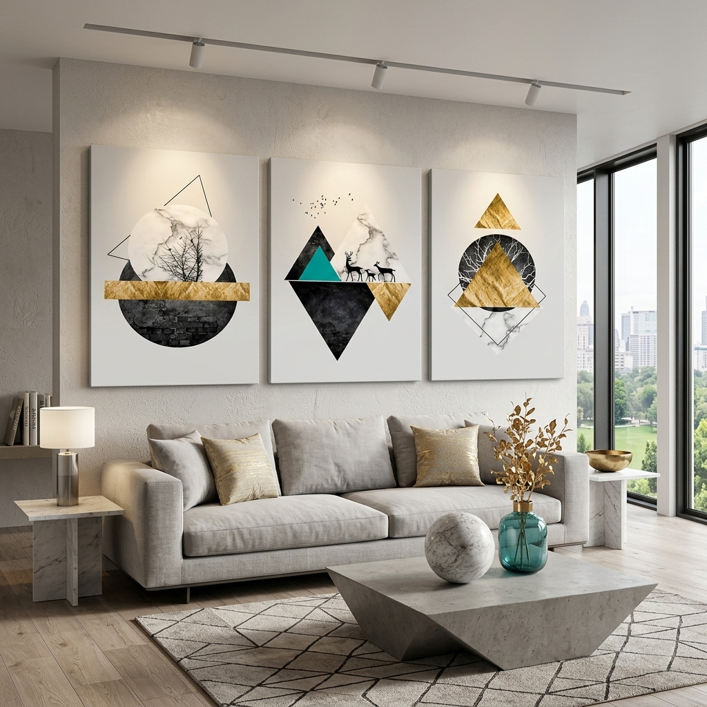 Modularer mehrfarbiger geometrischer Abstraktions-Wandkunstdruck auf Leinwand, mehrere Teile