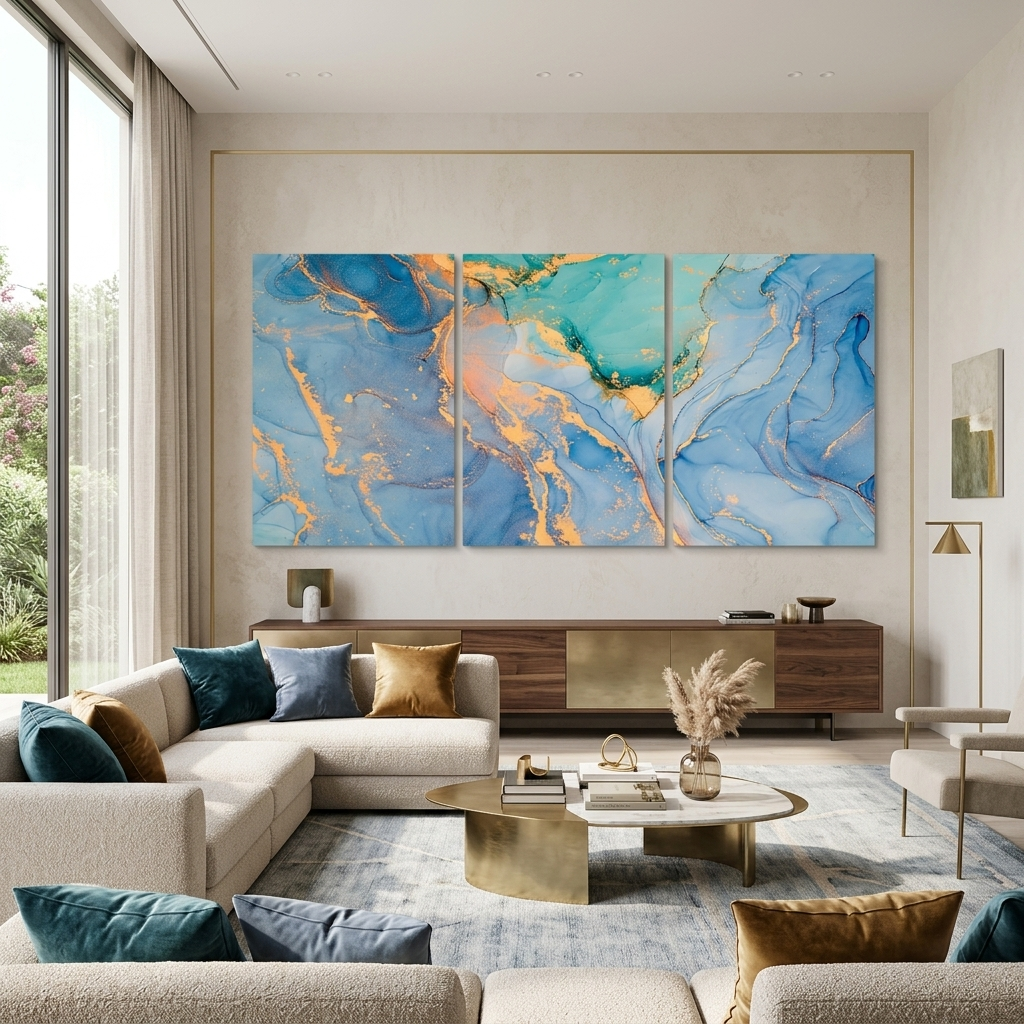 Modularer abstrakter Kunstdruck auf mehrteiliger Leinwand in Blau- und Goldfarben