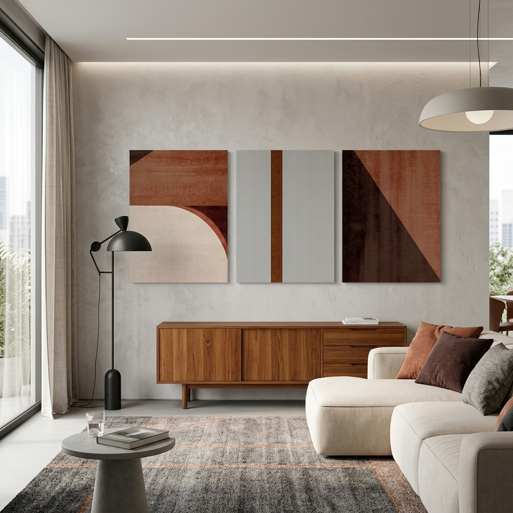 Modulares abstraktes Bild mit einer ausgeprägten braunen Farbe. Mehrteiliger Kunstdruck auf Leinwand